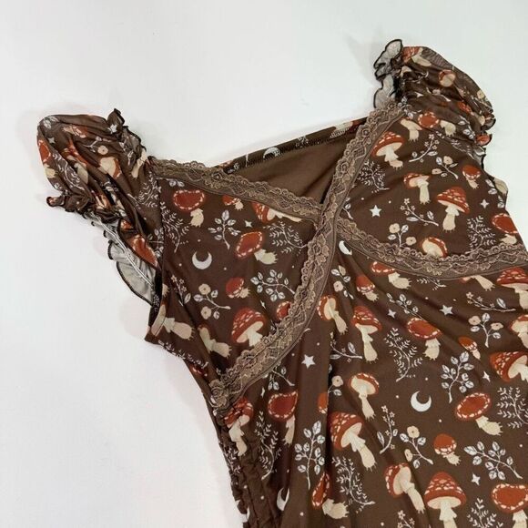 ROMWE Dress Womens XL Brown Mushrooms Ruched Bodycon babydoll y2k 90s whimsy - Picture 2 of 9